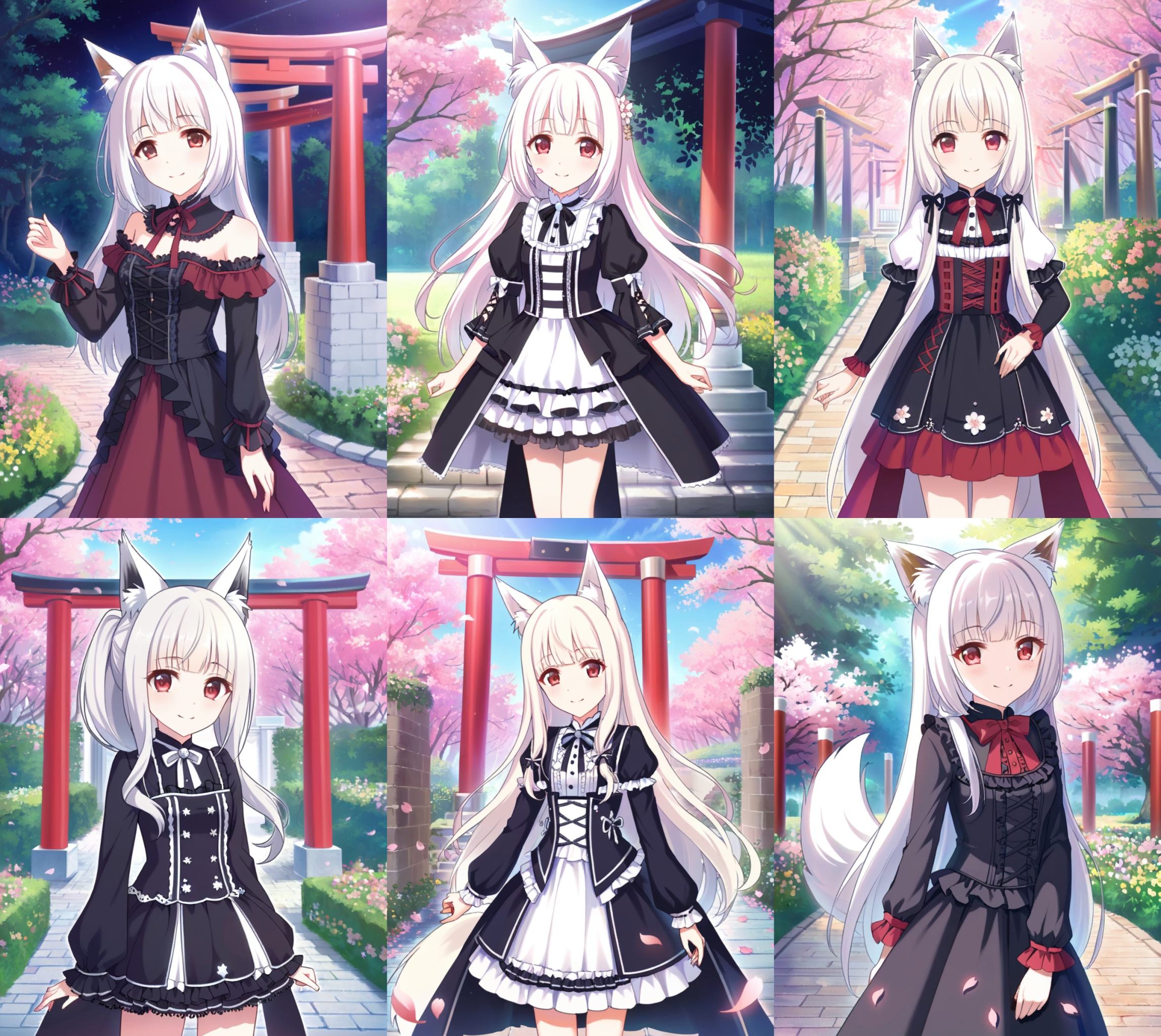 (((masterpiece))),(illustration:1.3),(((best quality))),amazing,detailed unity 8K CG wallpaper,ultra detailed,((1 14_years_old girl:1.1)),((fox girl)),(fox_ears),cowboy shot,long delicate_and_intricate white hair and white marble glowing skin,beautiful pony_tail,beautiful glowing red eyes,delicate_and_intricate face,flowers on face,growth,nature,beautiful face,zoom in on eyes,standing,smile,(shy),(gorgeous [Gothic_Lolita:kimono:0.6] chiya),super detailed clothes,(extremely detailed background),torii,garden,stone brick road,fallen sakura_petals,pink_sakura_trees,spring,detailed sky and cloud,best lighting,sunburst,outline_shadow,incredibly_absurdres,<lora:pcr-xl-fp8-lokr-v2:0.75>,