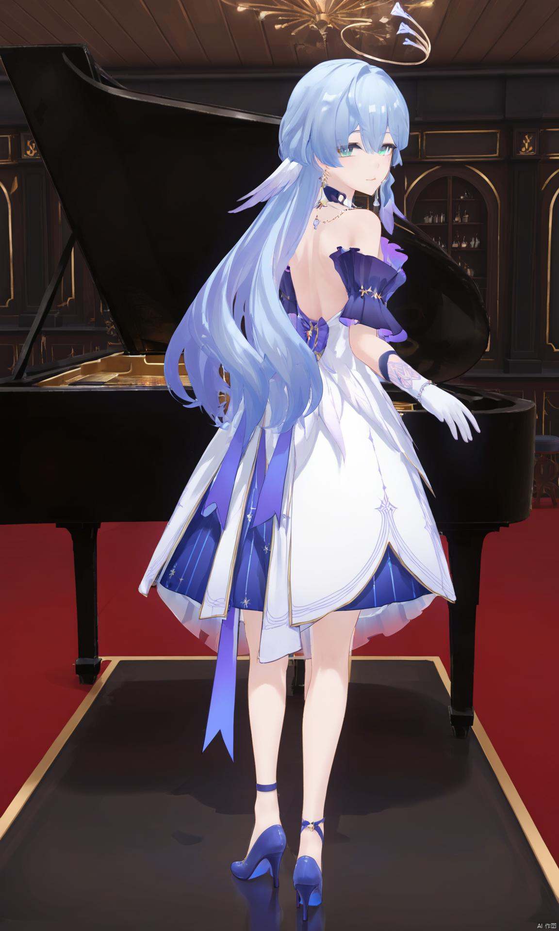 1girl, solo, looking at viewer, bangs, , bare shoulders, jewelry, flower, earrings, looking back, from behind, bbook, halo, piano\\\\\\\\\\\\\\zgn,1girl,long hair,halo,blue eyes,gloves,bangs,white dress,bare shoulders,blue hair,blue footwear<lora:EMS-266888-EMS:0.500000>, <lora:EMS-310429-EMS:0.800000>