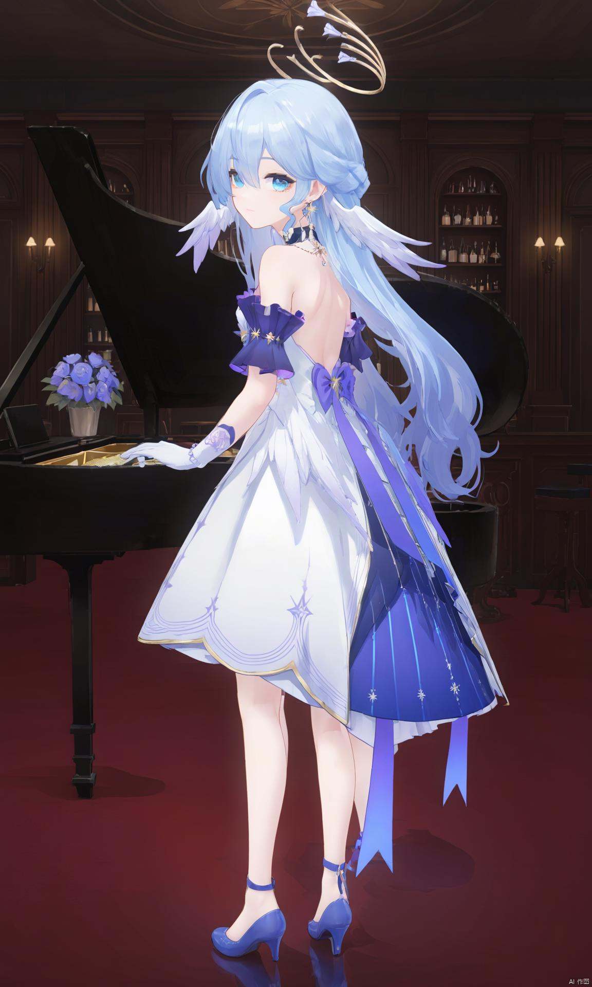 1girl, solo, looking at viewer, bangs, , bare shoulders, jewelry, flower, earrings, looking back, from behind, bbook, halo, piano\\\\\\\\\\\\\\zgn,1girl,long hair,halo,blue eyes,gloves,bangs,white dress,bare shoulders,blue hair,blue footwear<lora:EMS-266888-EMS:0.500000>, <lora:EMS-310429-EMS:0.800000>