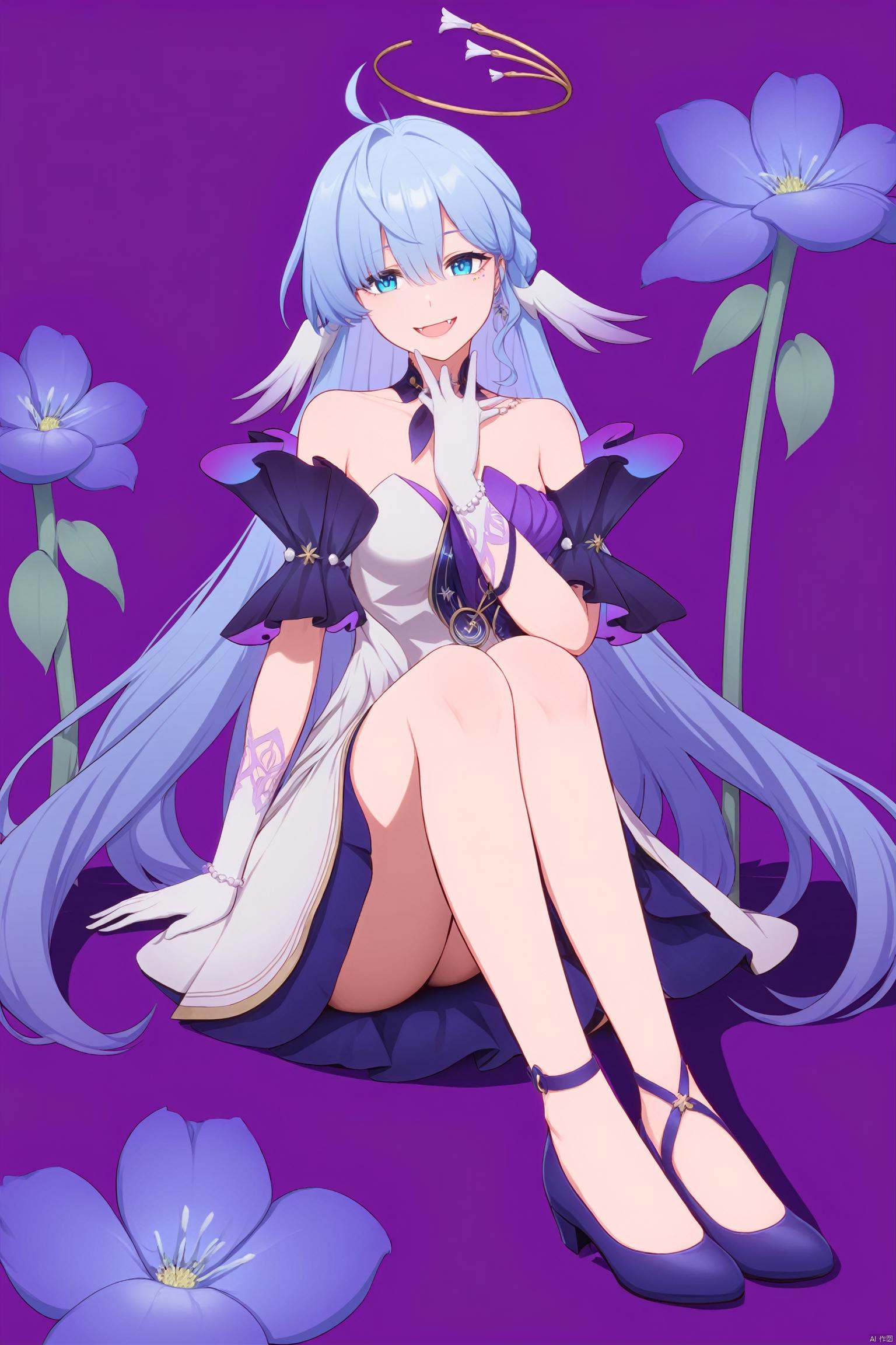 nai3, 1girl, solo, ahoge, virtual youtuber, , flower, looking at viewer, sitting, open mouth, smile,bangs,between legs, :d, hand between legs, purple background, fang, feet out of frame,haoche\\\\\\\\\\\\\\zgn,1girl,long hair,halo,blue eyes,gloves,bangs,white dress,bare shoulders,blue hair,blue footwear<lora:EMS-318943-EMS:0.800000>