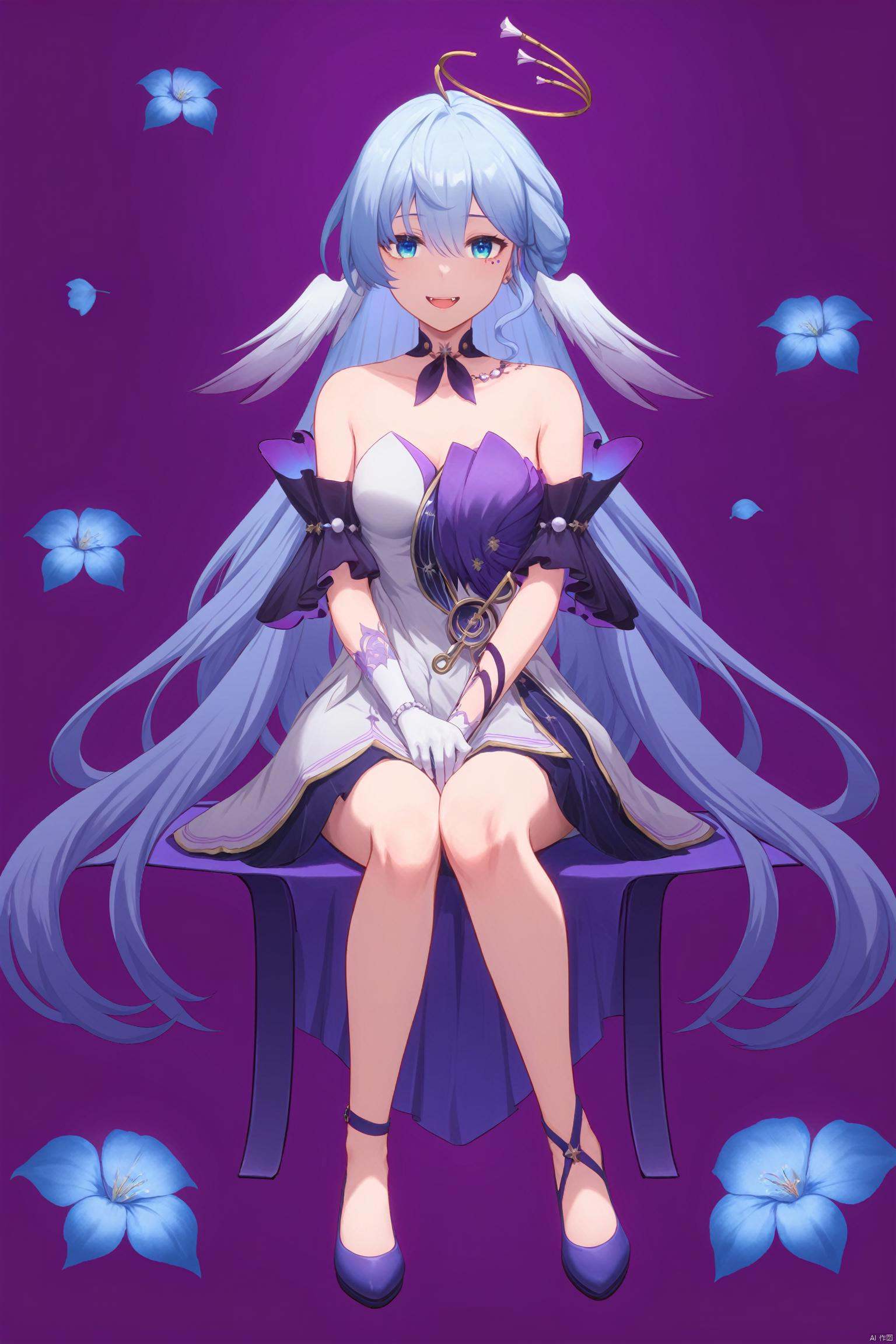 nai3, 1girl, solo, ahoge, virtual youtuber, , flower, looking at viewer, sitting, open mouth, smile,bangs,between legs, :d, hand between legs, purple background, fang, feet out of frame,haoche\\\\\\\\\\\\\\zgn,1girl,long hair,halo,blue eyes,gloves,bangs,white dress,bare shoulders,blue hair,blue footwear<lora:EMS-318943-EMS:0.800000>