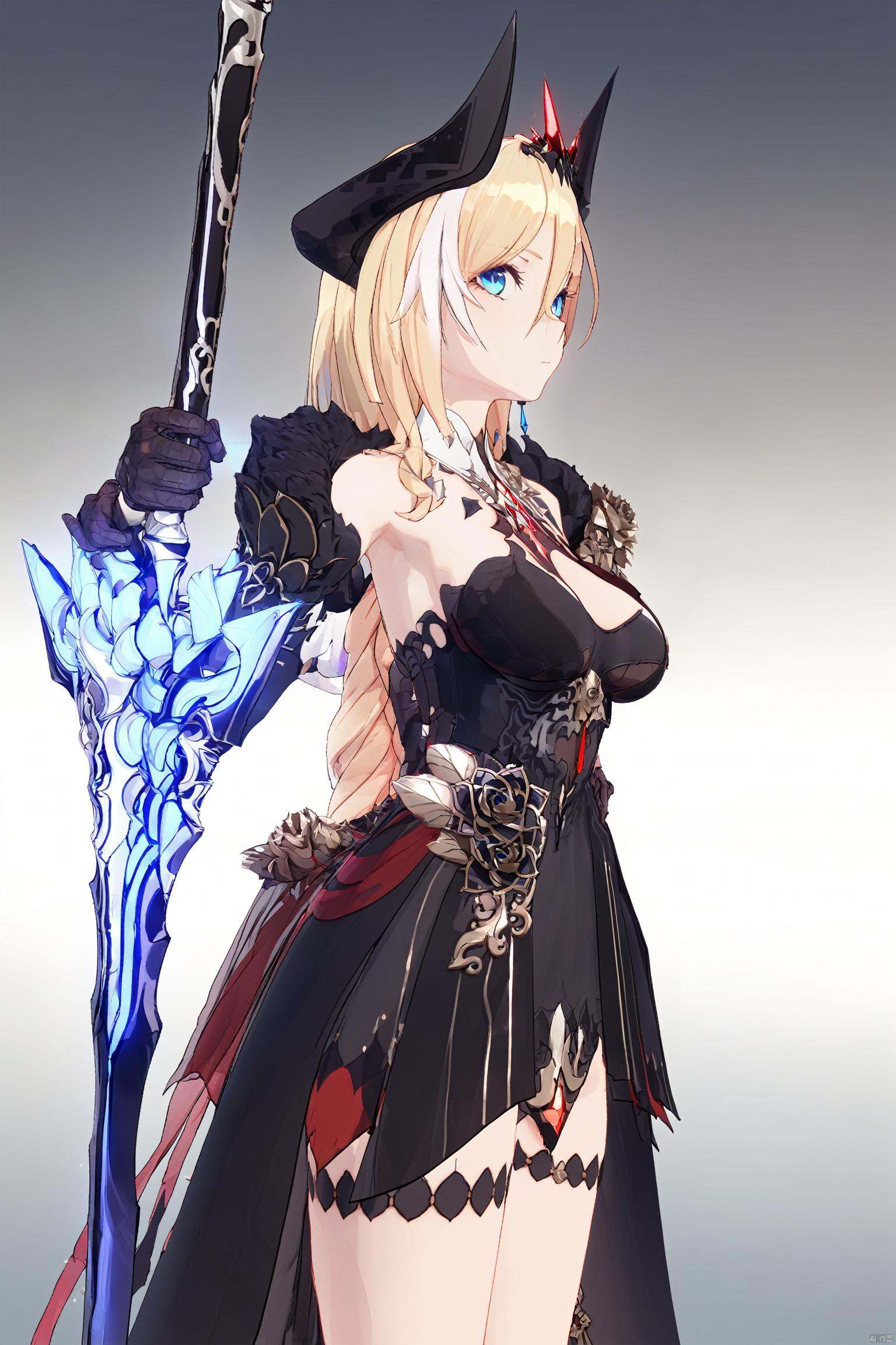 as109,wlop,{WANKE},ciloranko,hiten,K-SUWABE,{{WANKE}},{{mamimi}}, (dnd,fantasy,medieval),OKAZU,{1girl},,holding sword, , cowboy shot, fantasy,official alternate costume, offcial art,simple background,white background,, best quality, amazing quality, very aesthetic, absurdres,\\\\\\\\\\\\\\dyl,1girl,blonde hair,gloves,blue eyes,horns,breasts,black gloves,blackdress,blacksinglethighhigh,earrings,jewelry<lora:EMS-310670-EMS:0.900000>