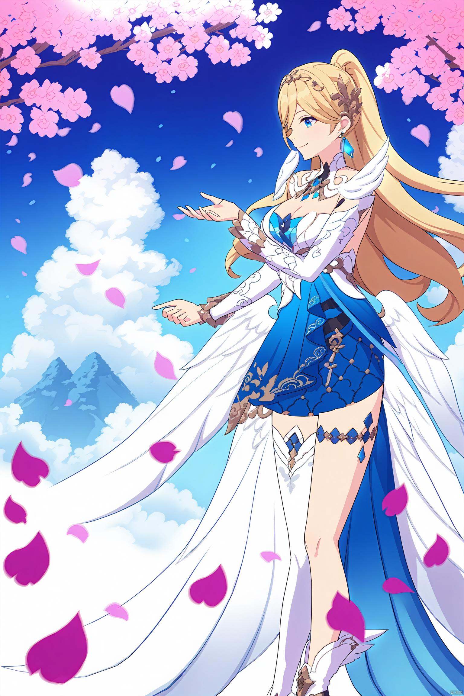 (best quality), (masterpiece),anime style, bad hands, female character, fantasy, birds, flowers, smiling, light effects, vibrant colors, flowing hair, ornate costume, sunshine, petals, serene, nature-themed, illustration, vertical composition, high saturation, soft focus, magical atmosphere,//////,wyl,1girl,blonde hair,blue eyes,white footwear,earrings,bangs,breasts,jewelry,blue skirt,white single thighhigh,white train (clothing)<lora:EMS-318942-EMS:0.800000>