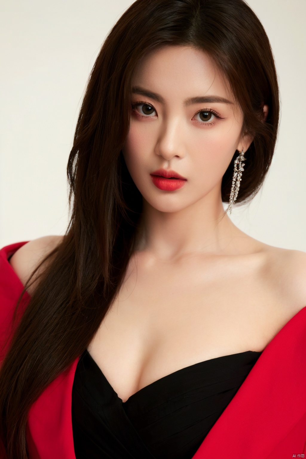 Surrealist beauty photo, a beautiful woman wearing complex and detailed colored clothes and future jewelry, low cut.

