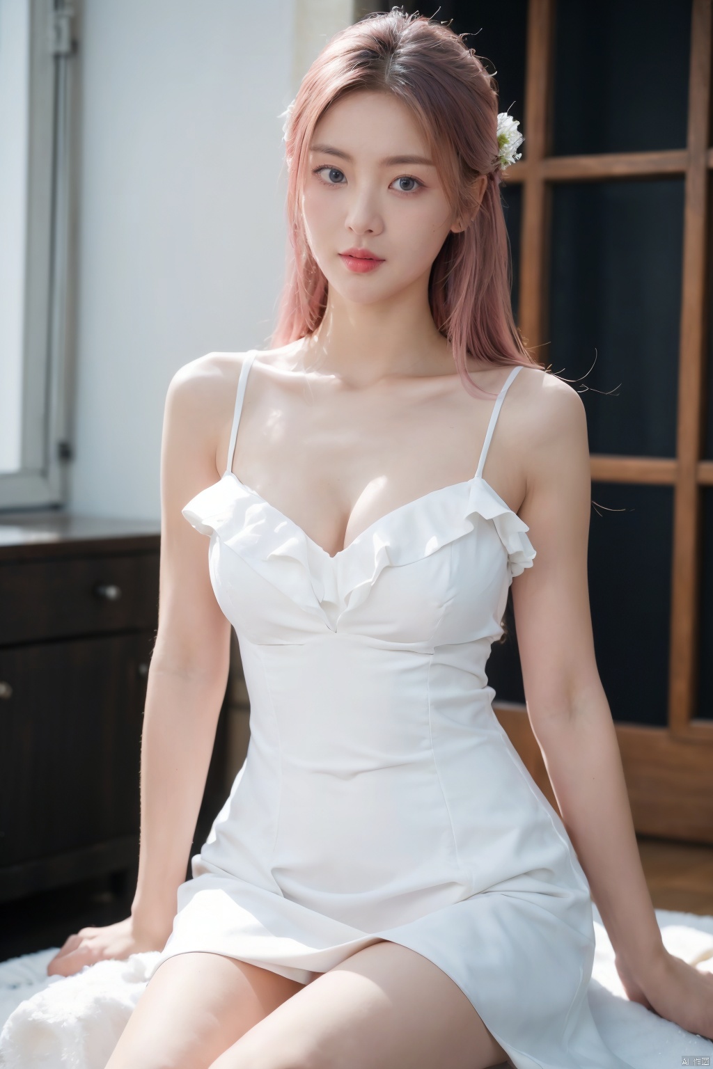 (masterpiece), (best quality), illustration, ultra detailed, hdr, Depth of field, (colorful), [Artist toosaka asagi],[Artist iumu],[Artist wolp],1girl, solo, pink_hair, long_hair, dress, washing_machine, white_dress, blue_eyes, looking_at_viewer, sitting, gotoh_hitori, breasts, hair_between_eyes, strap_slip, sleeveless, bare_shoulders, sleeveless_dress, frilled_dress, indoors, collarbone, frills, blurry, cleavage, closed_mouth, spaghetti_strap, bare_arms, chaoyue