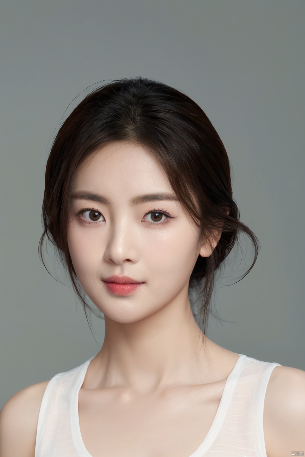  (close up portrait of a woman of east asian descent),happy and smile expression, Cleavage, low cut shirt,looking at camera, slight stubble, dark hair with undercut hairstyle, clean skin, brown eyes, wearing dark shirt, soft lighting, gray background, shallow depth of field, high-resolution image, studio shot, headshot, photographic realism., masterpiece, best quality, aunt, 1girl, girl, chaoyue