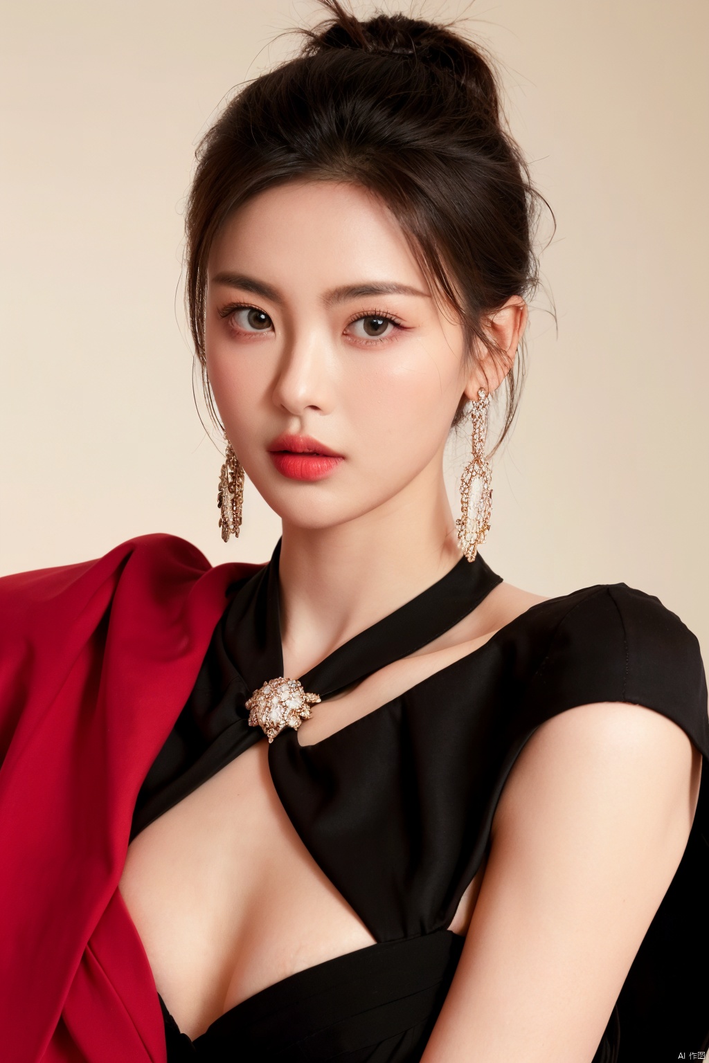 Surrealist beauty photo, a beautiful woman wearing complex and detailed colored clothes and future jewelry, low cut.
