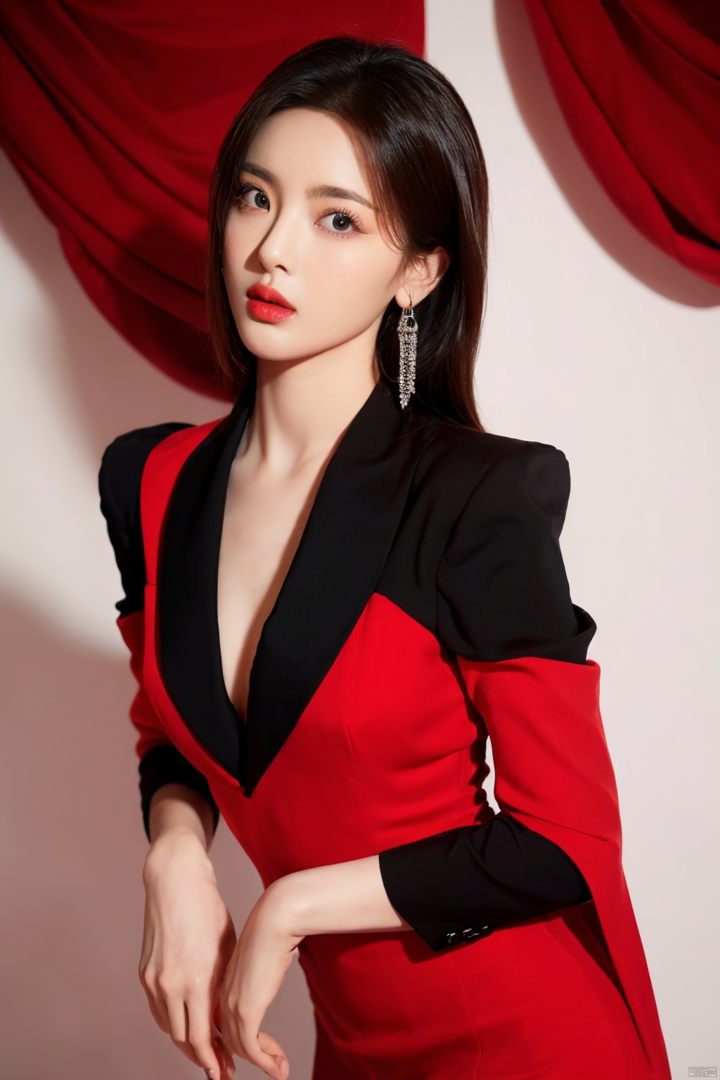  Surrealist beauty photo, a beautiful woman wearing complex and detailed colored clothes and future jewelry, low cut.
