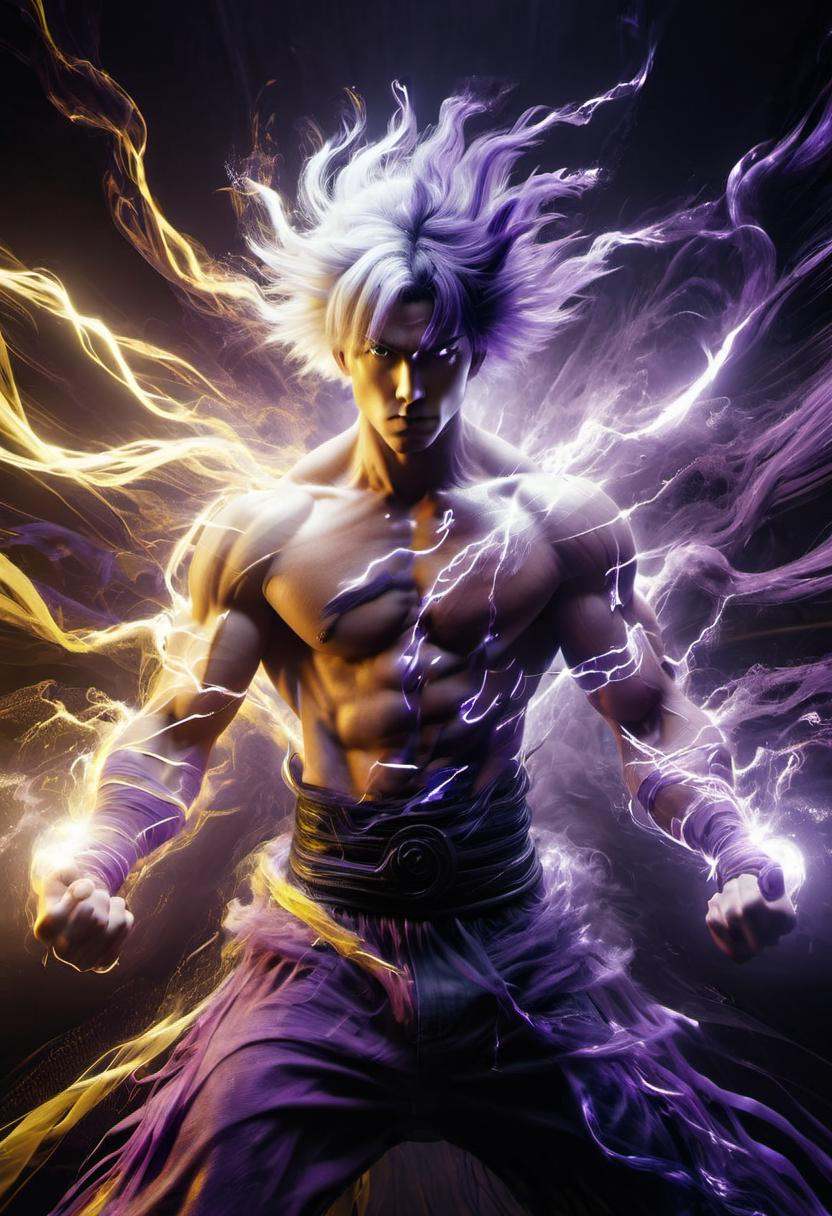 yellow electricity, purple electricity,, yellow and purple hair,wabstyle, glowing, two-tone hair, (muscular:1.2), 1man, cinematic angle, motion blur, looking at viewer,   <lora:yinianshenmoSDXL-000012:0.7> <lora:add-detail-xl:-0.8>