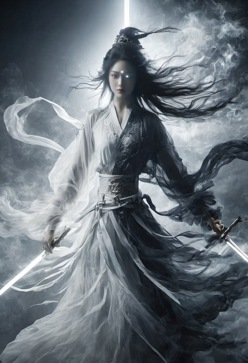 Symmetrical artDouble Exposure Style, Volumetric Lighting, leaning forward,light depth, dramatic atmospheric lighting, Volumetric Lighting, double image ghost effect, image combination, double exposure style(realistic, photorealistic),white sword, black sword, glowing weapon, dual wielding, yin yang,wabstyle, glowing, two-tone hair, 1girl, long hair, solo, bare legs,  motion blur, looking at viewer,    <lora:yinianshenmoSDXL:0.7>(Glowing ambiance, enchanting radiance, luminous lighting, ethereal atmosphere, mesmerizing glow, evocative hues, captivating coloration, dramatic lighting, enchanting aura), ((moon:1)), (masterpiece, top quality, best quality, official art, beautiful and aesthetic:1.2), extreme detailed,(joshua middleton comic cover art:1.2), (Action painting:1.3),(concretism:1.3),theater dance scene,(hypermaximalistic:1.5),colorful,highest detailed,