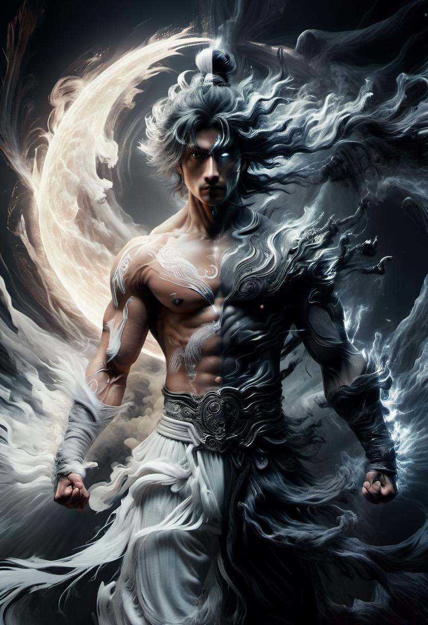 sun,moon,wabstyle, glowing,two-tone hair, (muscular:1.2), 1man, cinematic angle,   motion blur, looking at viewer, zwd, <lora:zwd_v2_SDXL:0.2>  <lora:yinianshenmoSDXL:0.8>