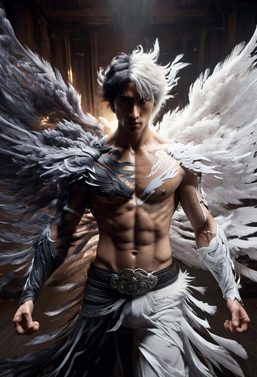 white wing, black wing, wabstyle, glowing, two-tone hair, (muscular:1.2), 1man, cinematic angle, motion blur, looking at viewer,   <lora:yinianshenmoSDXL-000012:0.7> <lora:add-detail-xl:-0.6>