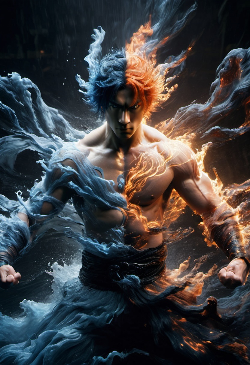 blue water, orange fire,wabstyle, glowing, two-tone hair, (muscular:1.2), 1man, cinematic angle, motion blur, looking at viewer,   <lora:yinianshenmoSDXL-000012:0.7> <lora:add-detail-xl:-0.8>
