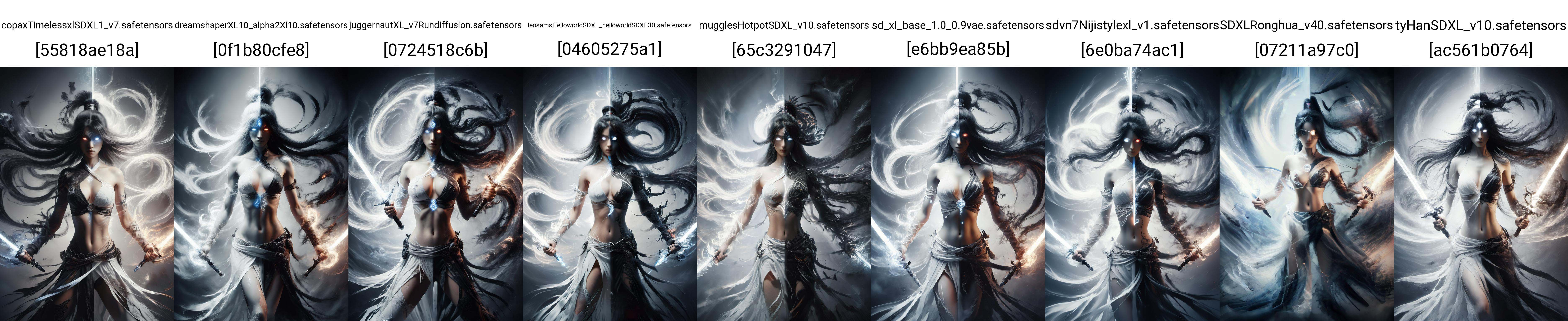 white sword, black sword, glowing weapon, dual wielding, yin yang,wabstyle, glowing, two-tone hair, 1girl,  topless, large breasts, long hair, sexy, solo, bare legs,  motion blur, looking at viewer,  zwd,<lora:zwd_v2_SDXL:0.2> <lora:wabstyleSDXL:0.85>