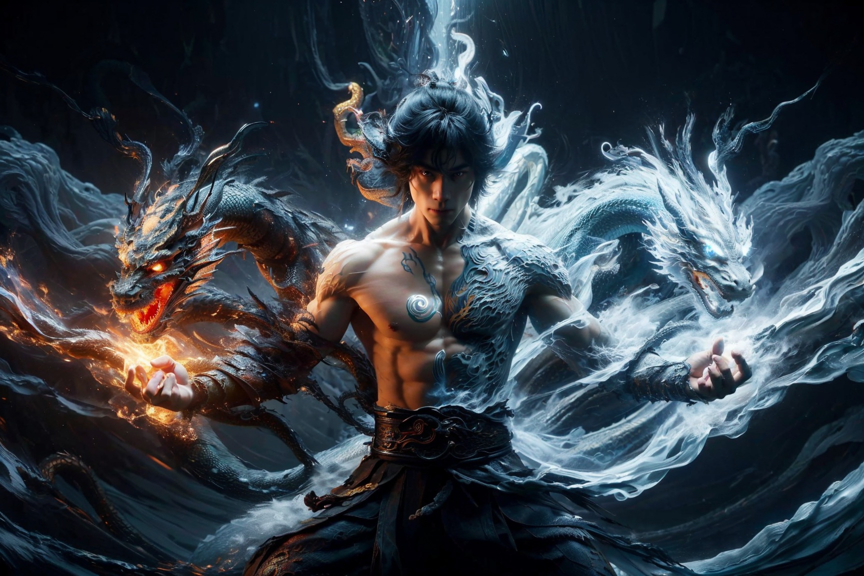 yin yang, keleton,moster,ghost,horn, hell, fighting stance, dragon, muscular, fire, red moon,wabstyle, glowing, two-tone hair, (muscular:1.3), 1man, cinematic angle, motion blur, looking at viewer,<lora:wabstyle:0.7>