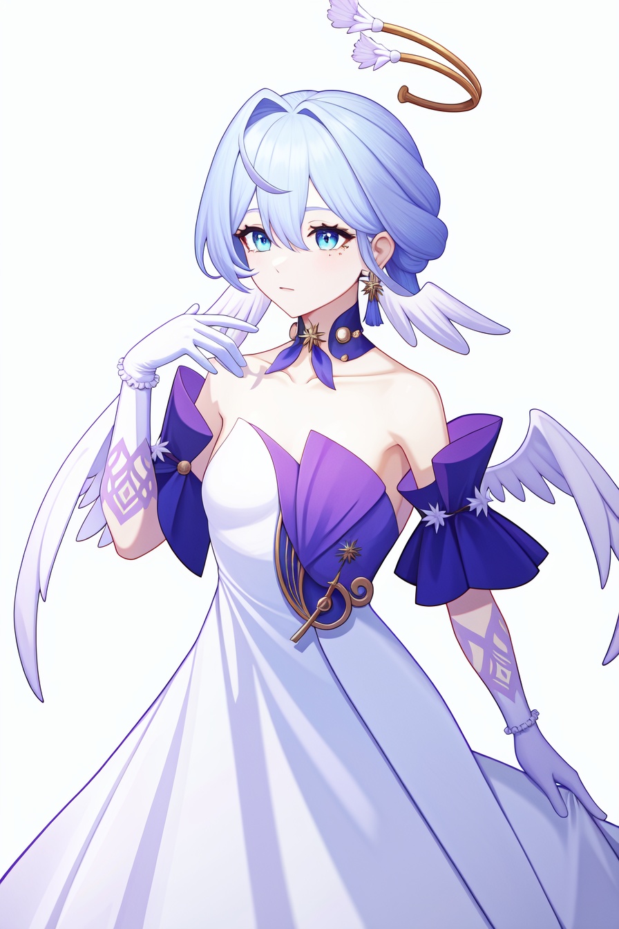 <lora:nai画风:0.0:lbw=paint>,<lora:知更鸟v6:1:lbw=char>,robin,1girl,(blue hair:1.2),bare shoulders,halo,white gloves,earrings,white dress,strapless dress,head wings,high quality,purple dress,detached sleeves,collarbone,(virtual youtuber:0),, (masterpiece,best quality,high quality:1.4),absurdres,