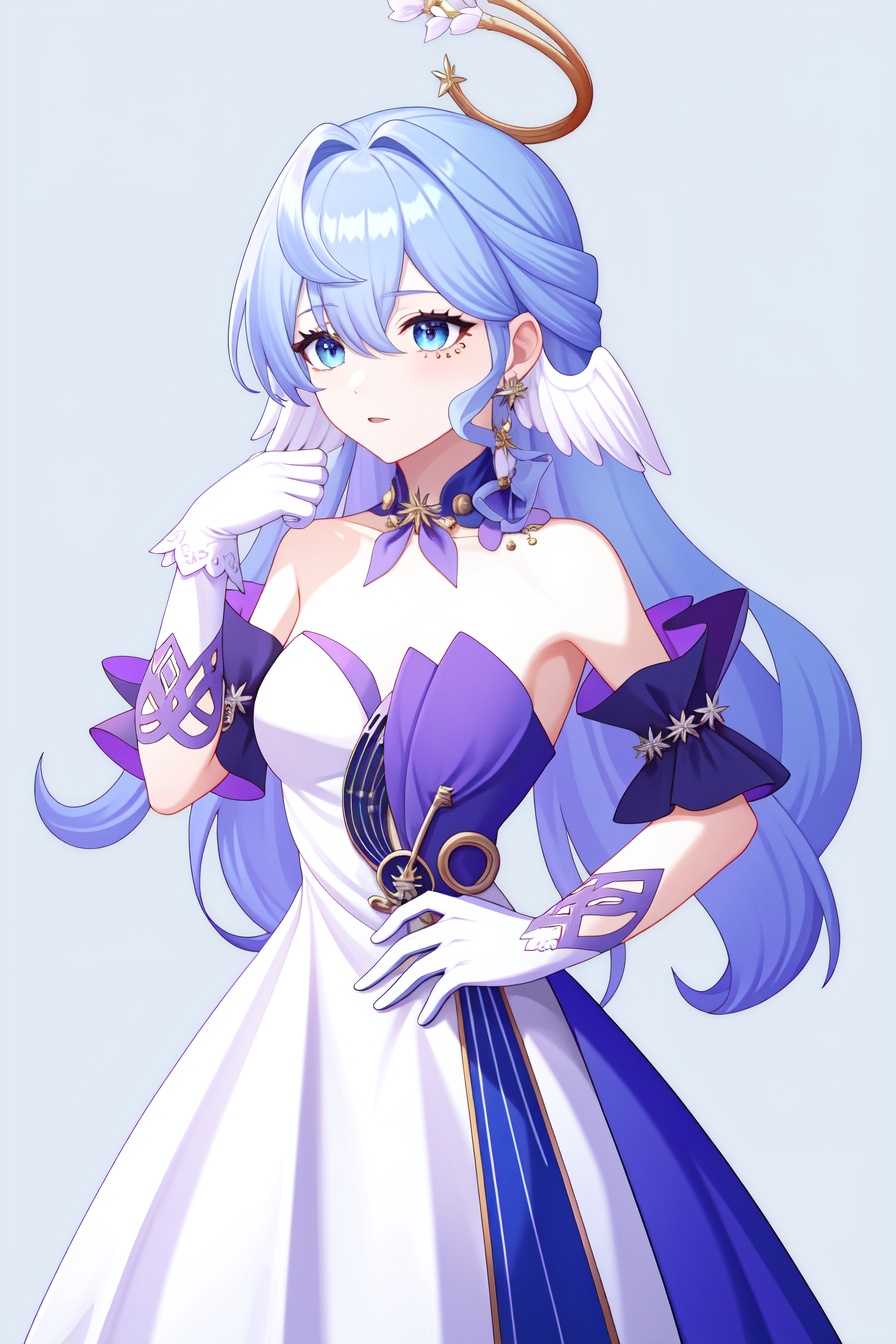 <lora:nai画风:0.0:lbw=paint>,<lora:知更鸟v6:1:lbw=char>,robin,1girl,(blue hair:1.2),bare shoulders,halo,white gloves,earrings,white dress,strapless dress,head wings,high quality,purple dress,detached sleeves,collarbone,(virtual youtuber:0),, (masterpiece,best quality,high quality:1.4),absurdres,