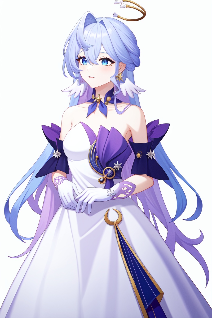 <lora:nai画风:0.0:lbw=paint>,<lora:知更鸟v6:1:lbw=char>,robin,1girl,(blue hair:1.2),bare shoulders,halo,white gloves,earrings,white dress,strapless dress,head wings,high quality,purple dress,detached sleeves,collarbone,(virtual youtuber:0),, (masterpiece,best quality,high quality:1.4),absurdres,