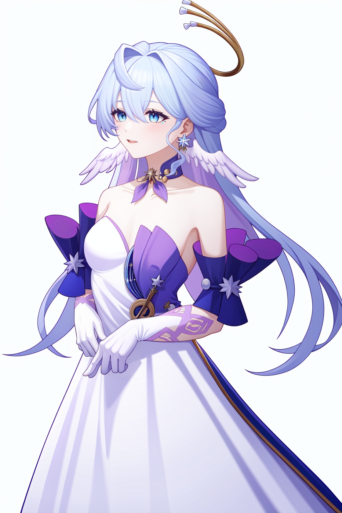 <lora:nai画风:0.0:lbw=paint>,<lora:知更鸟v6:1:lbw=char>,robin,1girl,(blue hair:1.2),bare shoulders,halo,white gloves,earrings,white dress,strapless dress,head wings,high quality,purple dress,detached sleeves,collarbone,(virtual youtuber:0),, (masterpiece,best quality,high quality:1.4),absurdres,