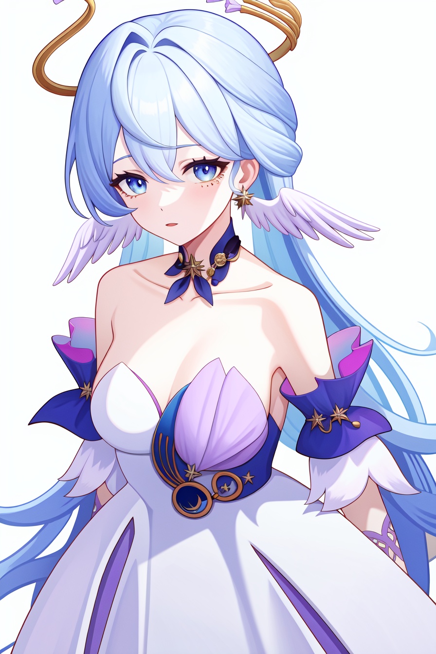 <lora:nai画风:0.0:lbw=paint>,<lora:知更鸟v6:1:lbw=char>,robin,1girl,(blue hair:1.2),bare shoulders,halo,white gloves,earrings,white dress,strapless dress,head wings,high quality,purple dress,detached sleeves,collarbone,(virtual youtuber:0),, (masterpiece,best quality,high quality:1.4),absurdres,