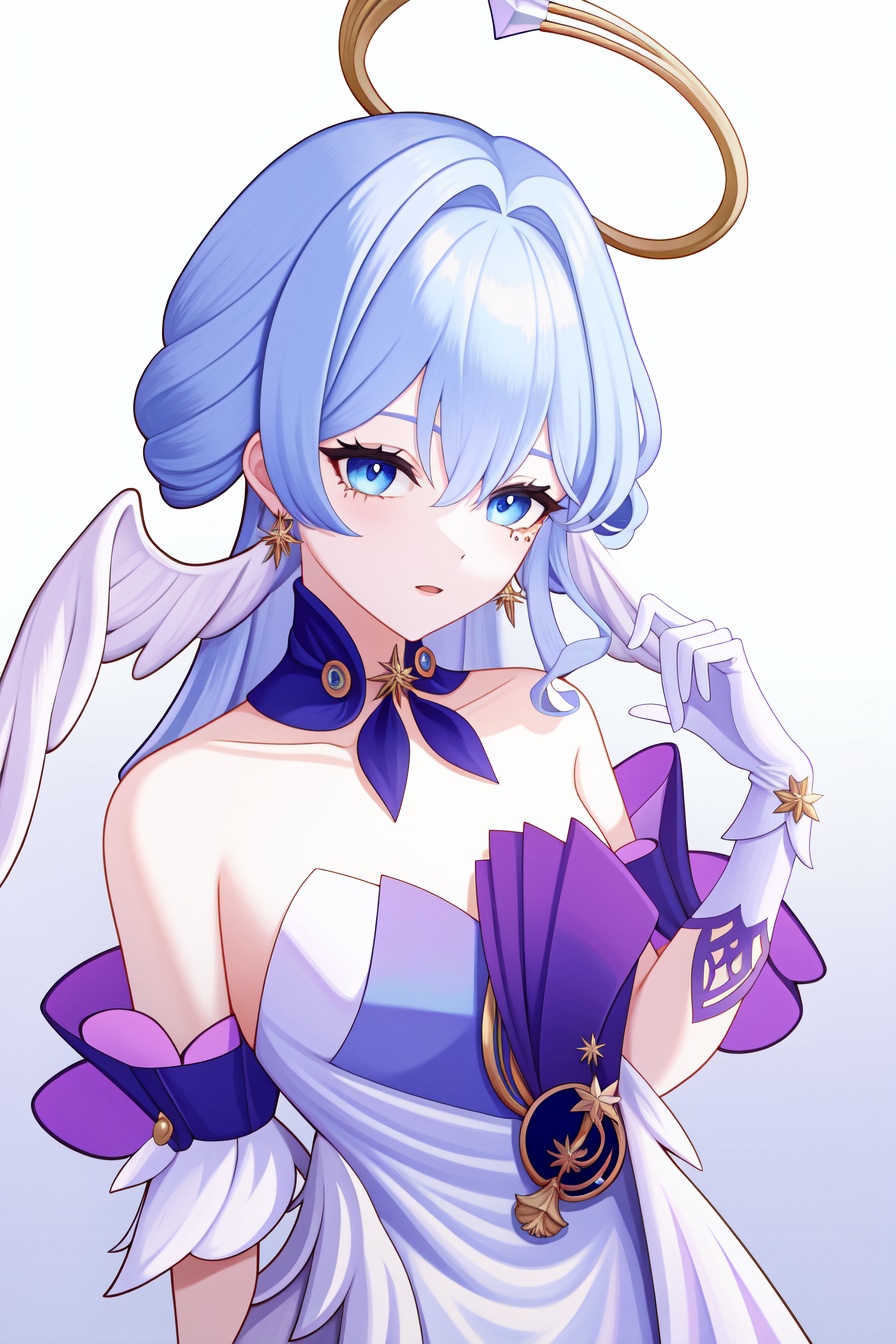 <lora:nai画风:0.0:lbw=paint>,<lora:知更鸟v6:1:lbw=char>,robin,1girl,(blue hair:1.2),bare shoulders,halo,white gloves,earrings,white dress,strapless dress,head wings,high quality,purple dress,detached sleeves,collarbone,(virtual youtuber:0),, (masterpiece,best quality,high quality:1.4),absurdres,