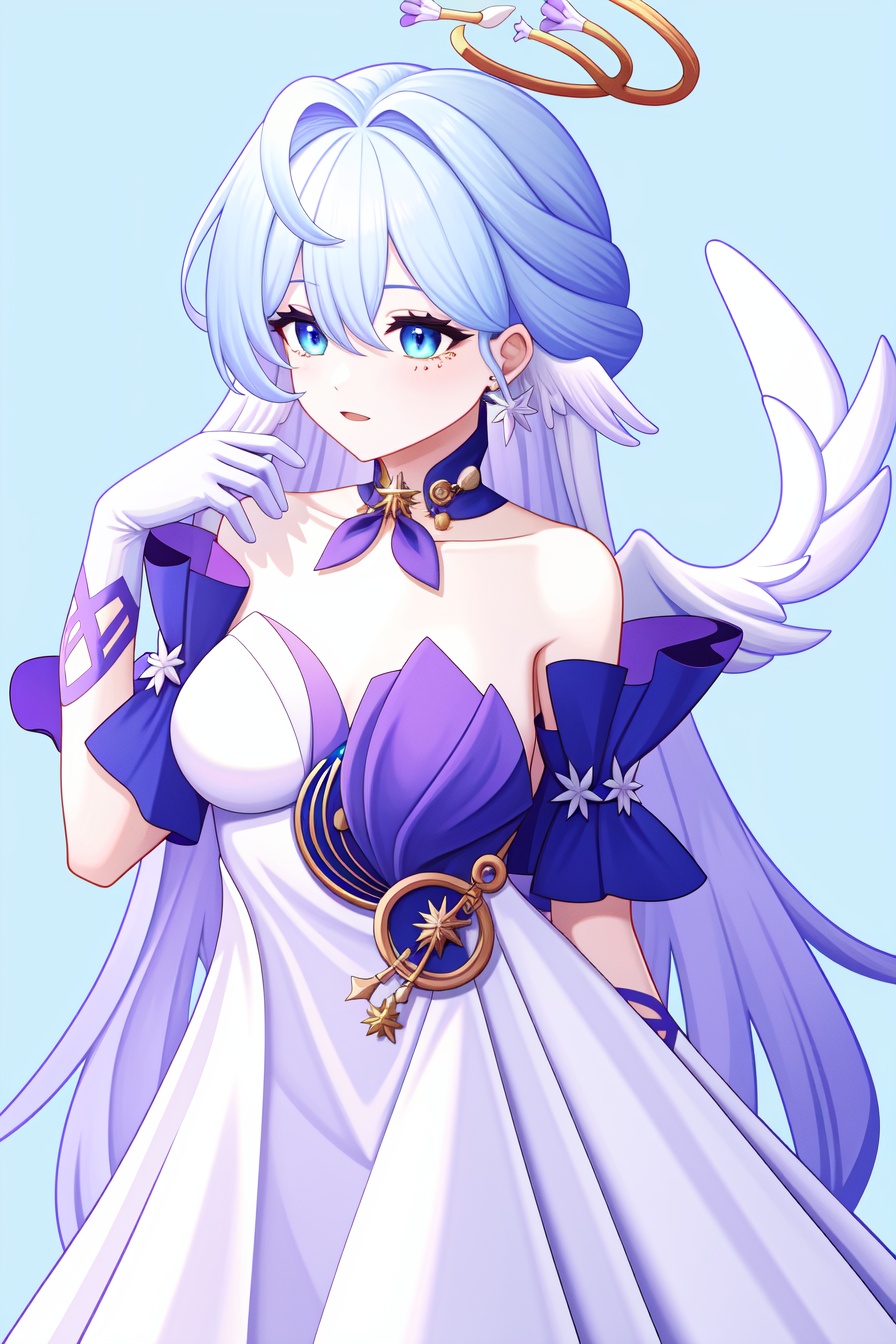 <lora:nai画风:0.0:lbw=paint>,<lora:知更鸟v6:1:lbw=char>,robin,1girl,(blue hair:1.2),bare shoulders,halo,white gloves,earrings,white dress,strapless dress,head wings,high quality,purple dress,detached sleeves,collarbone,(virtual youtuber:0),, (masterpiece,best quality,high quality:1.4),absurdres,