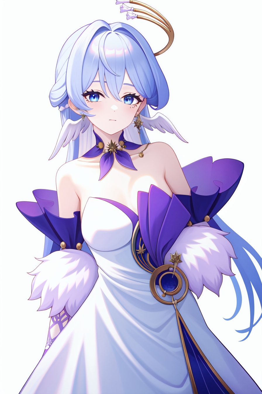 <lora:nai画风:0.0:lbw=paint>,<lora:知更鸟v6:1:lbw=char>,robin,1girl,(blue hair:1.2),bare shoulders,halo,white gloves,earrings,white dress,strapless dress,head wings,high quality,purple dress,detached sleeves,collarbone,(virtual youtuber:0),, (masterpiece,best quality,high quality:1.4),absurdres,