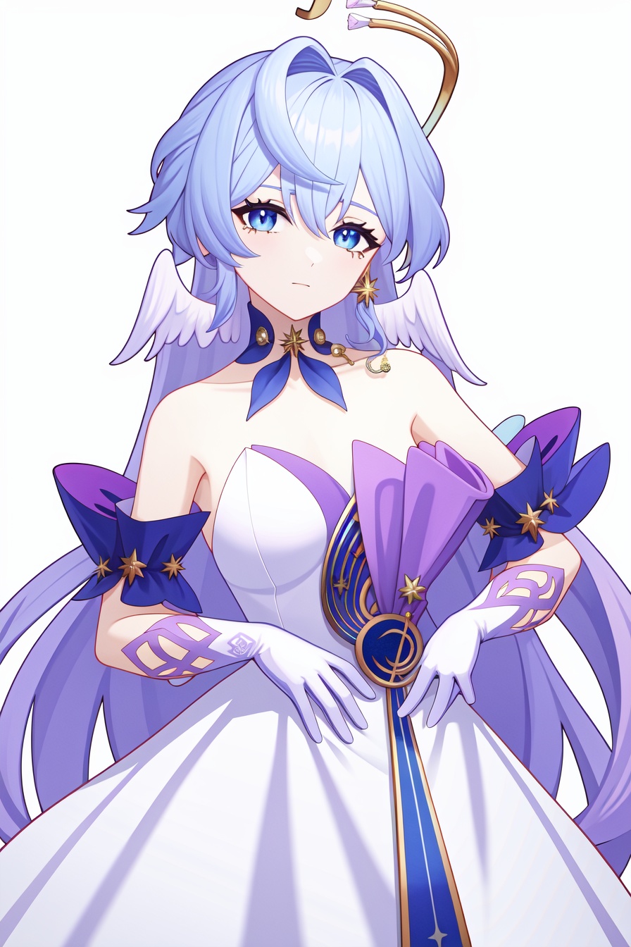 <lora:nai画风:0.0:lbw=paint>,<lora:知更鸟v6:1:lbw=char>,robin,1girl,(blue hair:1.2),bare shoulders,halo,white gloves,earrings,white dress,strapless dress,head wings,high quality,purple dress,detached sleeves,collarbone,(virtual youtuber:0),, (masterpiece,best quality,high quality:1.4),absurdres,