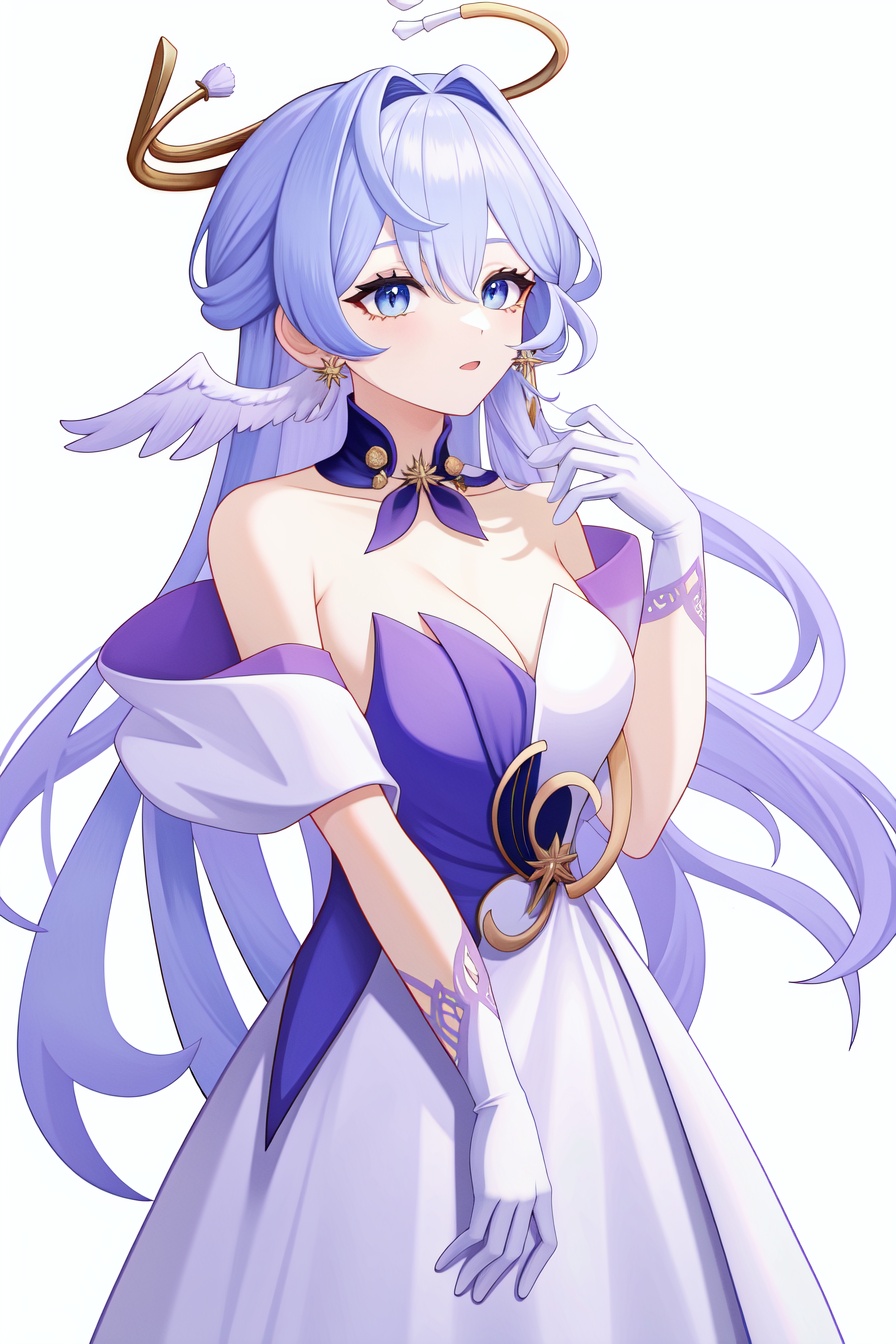 <lora:nai画风:0.0:lbw=paint>,<lora:知更鸟v6:1:lbw=char>,robin,1girl,(blue hair:1.2),bare shoulders,halo,white gloves,earrings,white dress,strapless dress,head wings,high quality,purple dress,detached sleeves,collarbone,(virtual youtuber:0),, (masterpiece,best quality,high quality:1.4),absurdres,