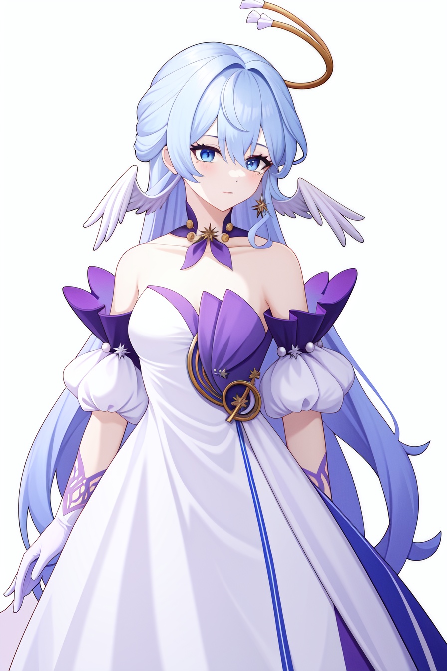 <lora:nai画风:0.0:lbw=paint>,<lora:知更鸟v6:1:lbw=char>,robin,1girl,(blue hair:1.2),bare shoulders,halo,white gloves,earrings,white dress,strapless dress,head wings,high quality,purple dress,detached sleeves,collarbone,(virtual youtuber:0),, (masterpiece,best quality,high quality:1.4),absurdres,