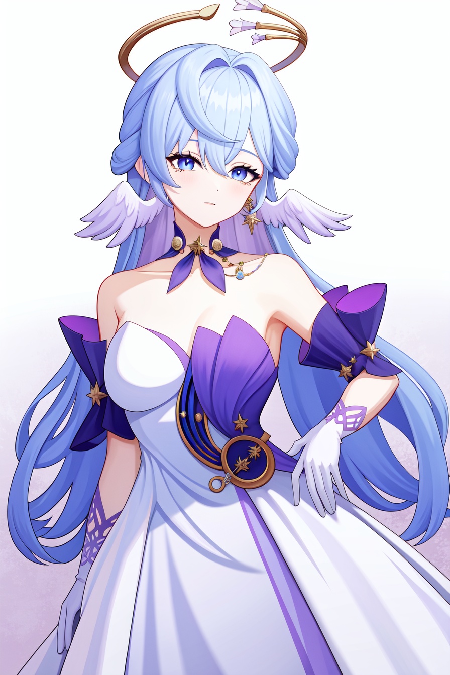 <lora:nai画风:0.0:lbw=paint>,<lora:知更鸟v6:1:lbw=char>,robin,1girl,(blue hair:1.2),bare shoulders,halo,white gloves,earrings,white dress,strapless dress,head wings,high quality,purple dress,detached sleeves,collarbone,(virtual youtuber:0),, (masterpiece,best quality,high quality:1.4),absurdres,