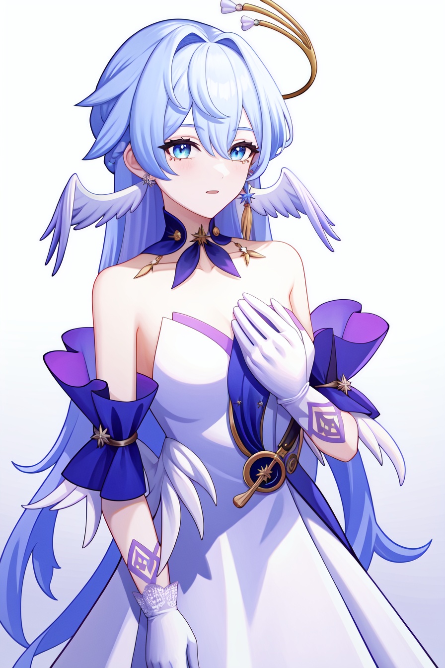 <lora:nai画风:0.0:lbw=paint>,<lora:知更鸟v6:1:lbw=char>,robin,1girl,(blue hair:1.2),bare shoulders,halo,white gloves,earrings,white dress,strapless dress,head wings,high quality,purple dress,detached sleeves,collarbone,(virtual youtuber:0),, (masterpiece,best quality,high quality:1.4),absurdres,