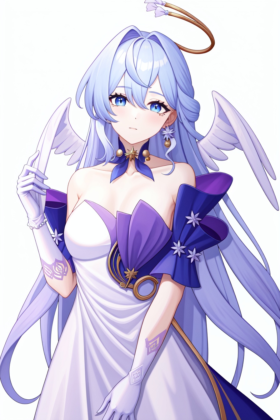 <lora:nai画风:0.0:lbw=paint>,<lora:知更鸟v6:1:lbw=char>,robin,1girl,(blue hair:1.2),bare shoulders,halo,white gloves,earrings,white dress,strapless dress,head wings,high quality,purple dress,detached sleeves,collarbone,(virtual youtuber:0),, (masterpiece,best quality,high quality:1.4),absurdres,