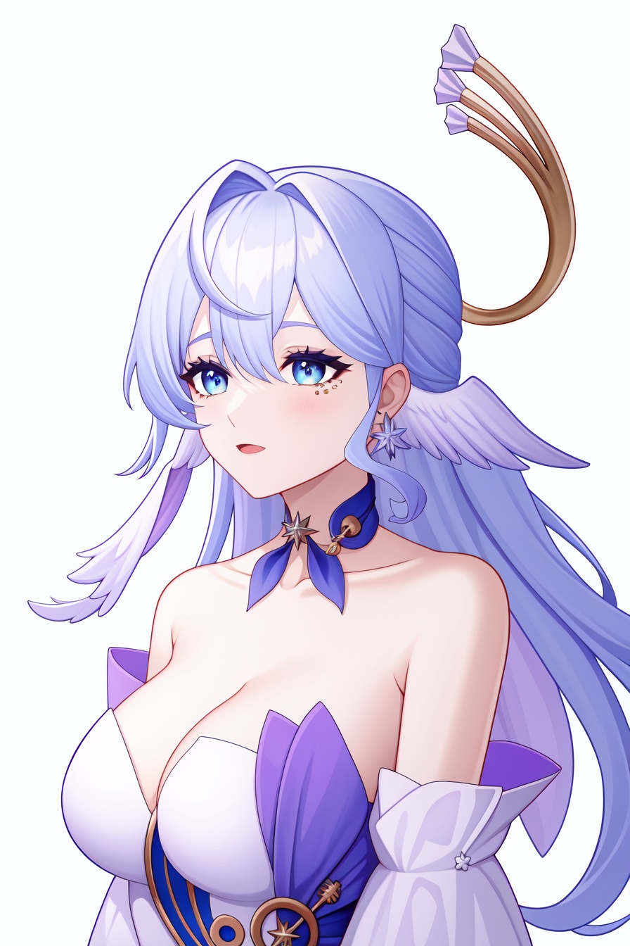 <lora:nai画风:0.0:lbw=paint>,<lora:知更鸟v6:1:lbw=char>,robin,1girl,(blue hair:1.2),bare shoulders,halo,white gloves,earrings,white dress,strapless dress,head wings,high quality,purple dress,detached sleeves,collarbone,(virtual youtuber:0),, (masterpiece,best quality,high quality:1.4),absurdres,