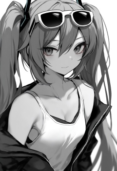 masterpiece, best quality<lora:sd_xl_dpo_lora_v1-128dim:1>, 1girl, greyscale, monochrome, twintails, eyewear on head, solo, hatsune miku, long hair, looking at viewer, sunglasses, white background, closed mouth, simple background, hair between eyes, collarbone, upper body, jacket , <lora:IRXLlokr-000078:1> 