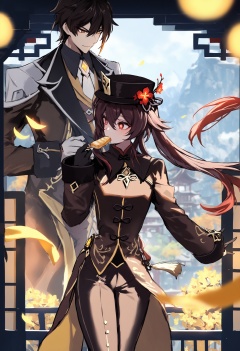 masterpiece, best quality<lora:sd_xl_dpo_lora_v1-128dim:1>, 1girl, hu tao \(genshin impact\), zhongli \(genshin impact\), 1boy, hat, long hair, brown hair, food, red eyes, long sleeves, black hair, symbol-shaped pupils, hair between eyes, gloves, tassel, black gloves, black headwear, bangs, flower-shaped pupils , multicolored hair, eating, jacket, yellow eyes, gradient hair, coat , porkpie hat, flower, star-shaped pupils, closed mouth, pants, twintails, outdoors, ponytail, formal , <lora:IRXLlokr-000078:1> 