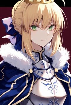 masterpiece, best quality<lora:sd_xl_dpo_lora_v1-128dim:1>, 1girl, artoria pendragon \(fate\), solo, saber, crown, blonde hair, looking at viewer, armor, ahoge, fur trim, green eyes, braid, bangs, closed mouth, portrait, breastplate, cape, short hair, red background, upper body, ribbon, simple background, black background, fur-trimmed cape, hair between eyes, hair ribbon , <lora:IRXLlokr-000078:1> 