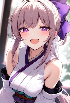 masterpiece, best quality<lora:sd_xl_dpo_lora_v1-128dim:1>, 1girl, purple eyes, solo, long hair, open mouth, smile, blush, ponytail, looking at viewer, japanese clothes , detached sleeves, hair bow , <lora:IRXLlokr-000078:1> 