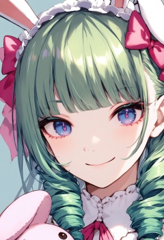 masterpiece, best quality<lora:sd_xl_dpo_lora_v1-128dim:1>, 1girl, solo, blue eyes , green hair, drill hair, animal ears, smile, rabbit ears, hair bow, looking at viewer, pink bow, frills, long hair, bangs, closed mouth, close-up, simple background, stuffed toy , <lora:IRXLlokr-000078:1> 
