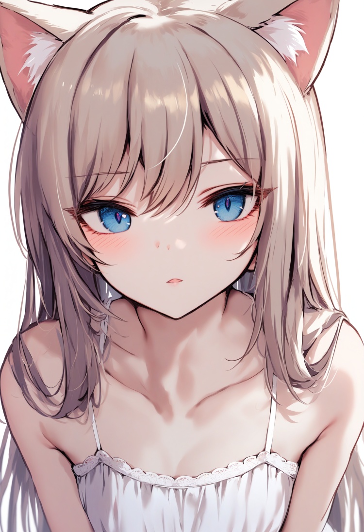 masterpiece, best quality<lora:sd_xl_dpo_lora_v1-128dim:1>, 1girl, solo, animal ears, long hair, looking at viewer, blue eyes, cat ears, collarbone, white background, simple background, parted lips, bare shoulders, upper body, bangs, hair between eyes, dress, white dress, blush , <lora:IRXLlokr-000078:1> 