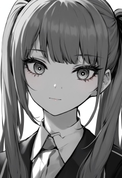masterpiece, best quality<lora:sd_xl_dpo_lora_v1-128dim:1>, 1girl, monochrome, greyscale, solo, looking at viewer, simple background, twintails, white background, long hair, collared shirt, bangs, portrait, ringed eyes, shirt, school uniform, closed mouth, close-up , <lora:IRXLlokr-000078:1> 