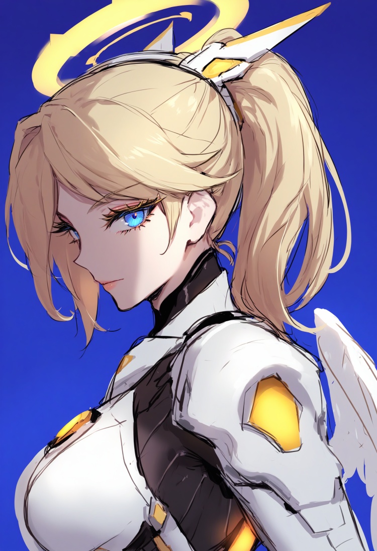 masterpiece, best quality<lora:sd_xl_dpo_lora_v1-128dim:1>, 1girl, solo, mercy \(overwatch\), blonde hair, halo, mechanical halo, looking at viewer, ponytail, blue eyes, bodysuit, profile, upper body, lips, wings, eyelashes, high ponytail, from side, closed mouth, blue background, sketch, long hair, headgear , <lora:IRXLlokr-000078:1> 