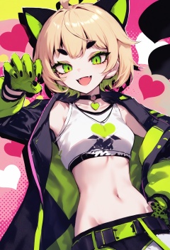 masterpiece, best quality<lora:sd_xl_dpo_lora_v1-128dim:1>, 1girl, solo, gloves, fangs, open mouth, navel, ahoge, green nails, jacket, looking at viewer, animal ears, smile, claw pose, upper body, green eyes, blonde hair, green hair, fake animal ears, short hair, heart, short eyebrows, nail polish, choker, multicolored hair, open jacket, halftone, green gloves, thick eyebrows, black gloves, midriff, colorful , <lora:IRXLlokr-000078:1> 