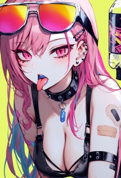 masterpiece, best quality<lora:sd_xl_dpo_lora_v1-128dim:1>, 1girl, solo, pink hair, tongue, colored tongue, tongue out, bandaid, eyewear on head, gloves, bottle, long hair, piercing, pink eyes, upper body, bandaid on arm, blue tongue, collar, looking at viewer, breasts, cleavage, multicolored hair, glasses, tongue piercing, yellow background , <lora:IRXLlokr-000078:1> 