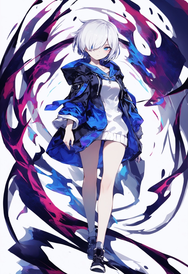 masterpiece, best quality<lora:sd_xl_dpo_lora_v1-128dim:1>, solo, 1girl, short hair, hair over one eye, blue eyes, hood, jacket, white background, full body, abstract , <lora:IRXLlokr-000078:1> 