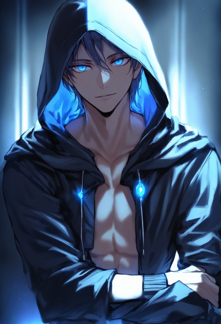 masterpiece, best quality<lora:sd_xl_dpo_lora_v1-128dim:1>, 1boy, solo, male focus, glowing, blue eyes, hood, jacket, looking at viewer , <lora:IRXLlokr-000078:1> 