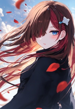 masterpiece, best quality<lora:sd_xl_dpo_lora_v1-128dim:1>, 1girl, solo, virtual youtuber, long hair, hair over one eye, black coat, coat, hair ornament, blue eyes, looking at viewer, parted lips, sky, red hair, multicolored hair, cloud, two-tone hair, floating hair, brown hair, upper body, petals, very long hair, blush, asymmetrical sleeves, bangs, long sleeves , <lora:IRXLlokr-000078:1> 