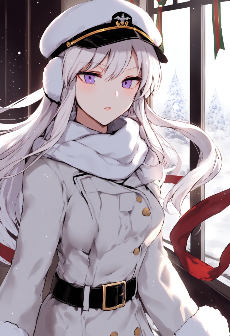 masterpiece, best quality<lora:sd_xl_dpo_lora_v1-128dim:1>, 1girl, long hair, enterprise \(azur lane\), white hair, winter clothes, belt, purple eyes, hat, looking at viewer, fur trim, solo, earmuffs, scarf, gloves, reindeer, white scarf, breasts, black belt, christmas, floating hair, blush, coat, buckle, white gloves, sweater, snowman, white headwear, winter coat, parted lips, window , <lora:IRXLlokr-000078:1> 