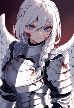 masterpiece, best quality<lora:sd_xl_dpo_lora_v1-128dim:1>, 1girl, solo, armor, looking at viewer, blue eyes, white hair, gauntlets, upper body, long hair, wings, braid, hair between eyes, breastplate, blood, closed mouth, blood on face , <lora:IRXLlokr-000078:1> 