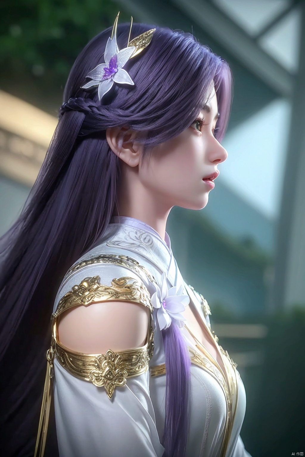1girl, solo, purple hair, hair ornament, long hair, profile, green eyes, from side, lips, closed mouth, upper body, dress, looking up, yunxi<lora:EMS-320108-EMS:0.800000>
